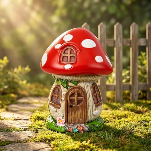 Mushroom Fairy Garden House, Fairy Houses for Outside with Solar Lights | 11 inch Garden Accessories Figurines, Waterproof Whimsical Mushrooms Statue Houses for Outdoor,Patio,Lawn,Gifts for Mom - color: Brown
