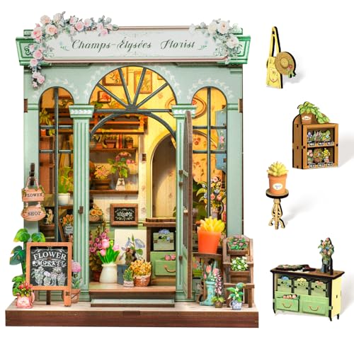 Cutefun Book Nook Kit - DIY Miniature Dollhouse Kit for Adults and Teens, French Flower Shop Mini House Building Kit with LED, 3D Wooden Puzzle for Beginner Creative Gifts (Champs-Élysées Florist) - color: Champs-élysées Florist