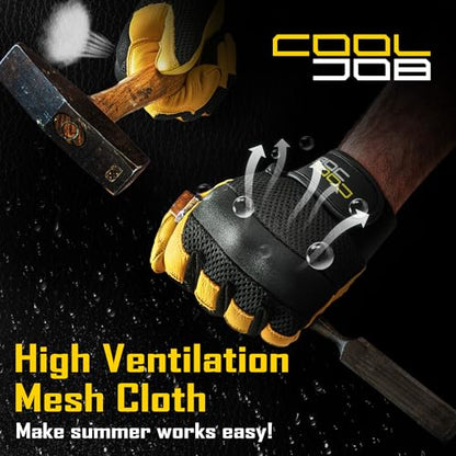 COOLJOB Breathable Mesh Cowhide Leather Work Gloves with Grip, Thorn Resistant Gloves for Gardening Pruning, 1 Pair, S-XL - size: X-Large