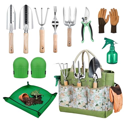 Gardening Tools 11 Pack Heavy Duty for Women with Gardening Knee Pads and Repotting Mat, Gardening Hand Tools with Floral Tote Bag, Durable Garden Supplies Kit, Ideal Gifts for Men Gardeners