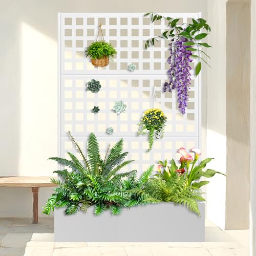 TUYOHW Metal Planter Box with Trellis, Raised Garden Bed with Privacy Screen, Outdoor Planter Box for Climbing Plants, Vine Support Flower Bed with Drainage Holes for Garden, Patio, Balcony - color: White-grid-47"w, size: 71"x47"x16"