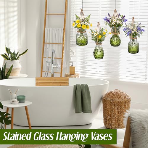 Wonderjune 4 Pcs Stained Glass Hanging Vases Hanging Glass Planters Small Plant Terrarium Pot Containers with Rope for Garden Home Indoor Outdoor Decor, 4 Styles (Trendy) - style: Trendy