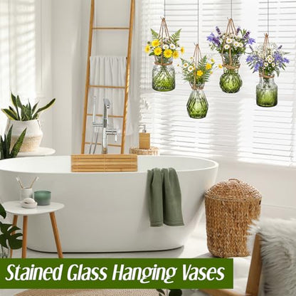 Wonderjune 4 Pcs Stained Glass Hanging Vases Hanging Glass Planters Small Plant Terrarium Pot Containers with Rope for Garden Home Indoor Outdoor Decor, 4 Styles (Trendy) - style: Trendy
