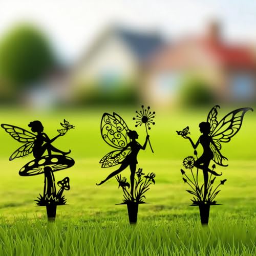 Garden Decorative Flower Elves 3 Piece Set, Metal Fairy Tale Statue, Suitable for Yard, Flower Pot, Lawn, Decoration Gift - color: A-black03