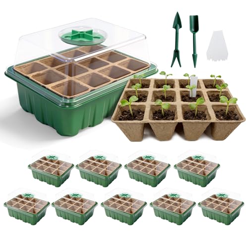Seed Starter Tray Kit 10 Pack, Seed Starting Trays with Humidity Dome (120 Cells Total), Plant Germination Trays Complete Mini Greenhouse for Seed Growing & Seedlings