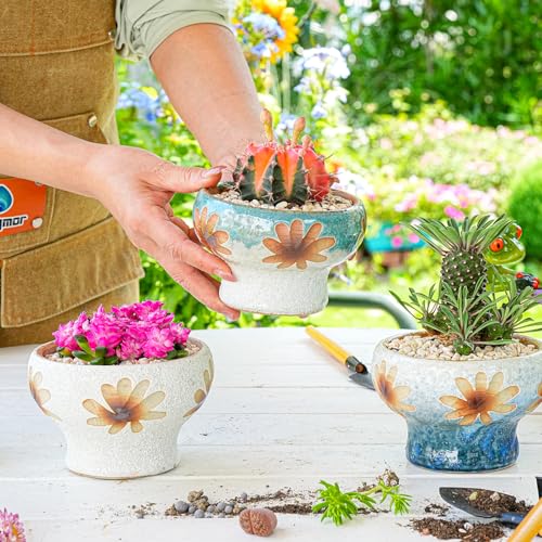 Sungmor Small Succulent Planters Set of 3, Beautiful Hand Crafted Ceramic Plant Pots Cute Cactus Pot, 4.9 Inch Flower Pots for Indoor Plants with Drainage, Desktop Windowsill Home Office Decor Pots | Beautiful Hand Crafted Ceramic Plant Pots Cute Cactus P