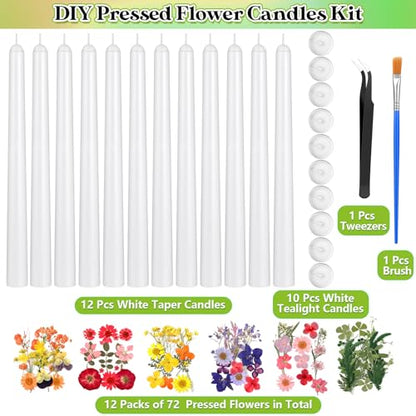MTLEE 30 Pack Pressed Flower Candles Making Kit 6 Set Dried Pressed Flowers 12 White Taper 10 White Tealight Candles with Tweezers Brush for DIY Crafts Birthday Wedding Party Favors