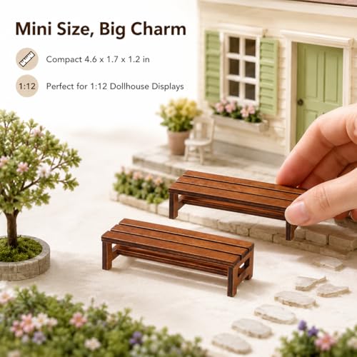 DECHOUS 2Pcs Miniature Wooden Benches for Dollhouse Decoration | Mini Park Bench Furniture for Fairy Garden, Museum Models, Diorama, Miniature Landscape Accessories