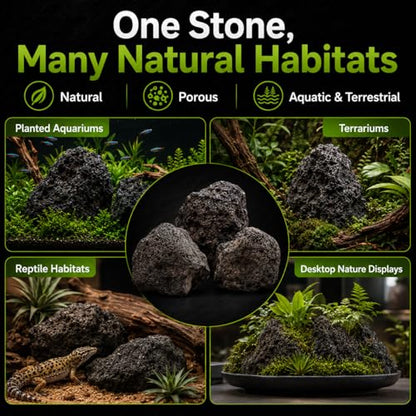 8–10 Inches Natural Black Lava Rocks, 3 PCS Large Aquarium Stones for Aquascaping, Fish Tank Centerpiece Decor, Planted Tanks, Terrariums & Reptile Habitats (Large 8–10 in) - size: Large 8–10 in