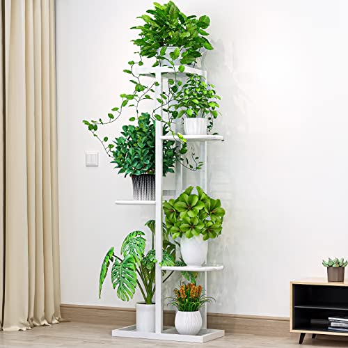 LINZINAR Plant Stand Metal 5 Tier 6 Potted Multiple Flower Pot Holder Shelf Indoor Outdoor Planter Display Shelving Unit for Patio Garden Corner Balcony Living Room (5 Tier 6 Potted, White) | Space Saving,6 Potted Multiple Flower Pot Holder,Tiered Plant R