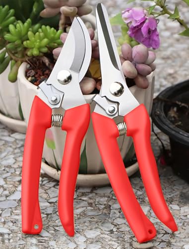 Professional Grade Pruning Shears Gardening Scissors Set - 2 Pack Ergonomic Garden Clippers with Non-Slip Rubber Handle, Sharp Stainless Steel Blades for Gardening, Floral, Bonsai, Indoor Plants,Red - color: Red