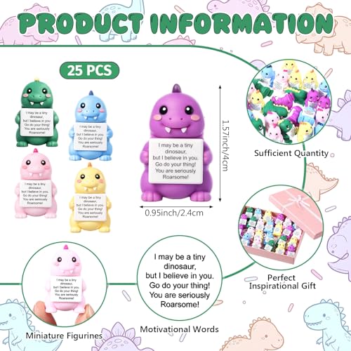 Gejoy 25 Pcs Mini Rubber Dinosaur Toys Positive Mini Dinosaurs Figures | Tiny Figurines to Hide, Dinosaur Gifts with Motivational Quote, Birthday Encouragement Gifts for Coworker Desk Decor - style: Dinosaur