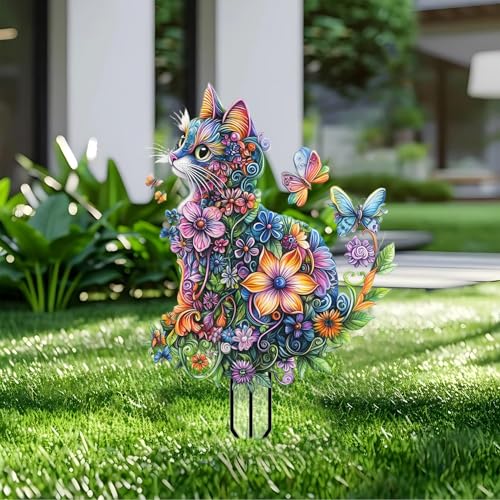 Flower Cat Garden Stakes Decor Yard Acrylic - 2D Garden Acrylic Sign Decoration, Fantasy Yard Art, Gift for Nature Lovers, for Indoor & Outdoor Flower Pots, Yard, Mini Gardens & Lawn (5.9”x5.9”) - color: H