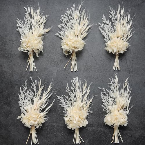 Mini Dried Flower Bouquet (Pack of 6), Handmade Craft Decoration, White Dried Flower Bouquet, Groom and Best Man Corsages. (White) - color: White2