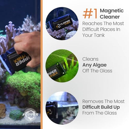 FLIPPER Max Magnetic Aquarium Glass Cleaner – 2-in-1 Scrubber and Scraper, Hands-Free Fish Tank Cleaner for Algae Removal, Safe for Glass and Acrylic Tanks up to 3/4" (19mm), Freshwater & Saltwater - size: Max
