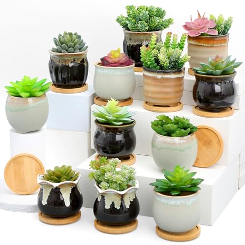 12 Pcs Ceramic Succulent Pots with Drainage 3.5 Inch Bamboo Tray | Mini Planters for Indoor Plants, Ceramic Pots Bulk for Home Office Desk, Glazed Finish with Drainage Hole, Bamboo Coaster - size: 3.5 Inch