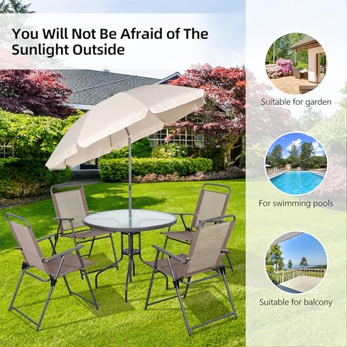 Vongrasig 6 Pieces Folding Patio Dining Set, All Weather Small Metal Outdoor Table and Chairs Set, Patio Furniture Set w/Umbrella, Glass Table & 4 Folding Chairs for Garden, Lawn, Backyard, Brown - color: Brown