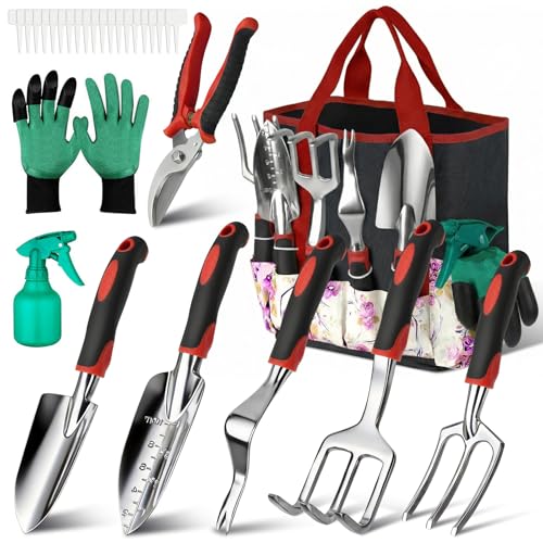 Tudoccy 30-Piece Garden Tool Set, Stainless Steel with Tote Bag | Non-slip ergonomic rubber handles, ideal gift for women and beginners, for succulent and home gardening - style: Red