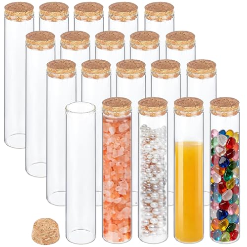 CREATCABIN 20Pcs 40ml Glass Test Tubes with Cork Stoppers 25x129mm Clear Flat Test Tubes Liquid Sample Vial Wishing Bottle for Plants Propagation Scientific Experiments Salt Candy Storage Party