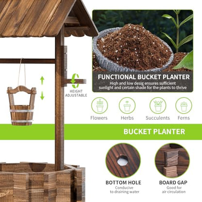 Aoxun 22" Wooden Wishing Well Planters with Hanging Bucket | Garden Helper, Rustic Garden Decor for Outside, Yard, and Patio, Upgrade Reinforced Base, Brown - size: 22" w/ Reinforced Rod