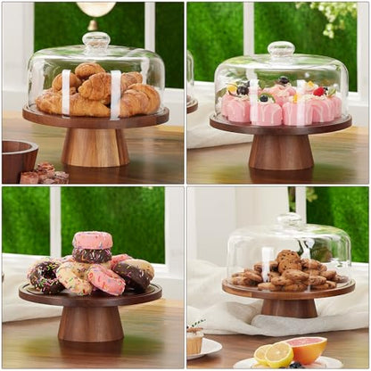 VIVIRBIEN Wooden Cake Stand with Lid: 11in Stand w/Magnetic Pedestal | Durable Glass Dome-Solid Acacia Holder-Multi-use for Dessert/Cupcake-Ideal for Kitchen/Birthday/Party/Decor/Charcuterie