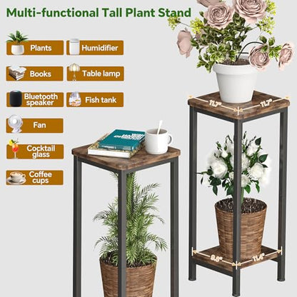 Homeiju Plant Stand Indoor, 2 Tier Wood Corner Plant Stand, Modern Square Plant Shelf Flower Stand for Living Room Patio Balcony Garden, Rustic Brown