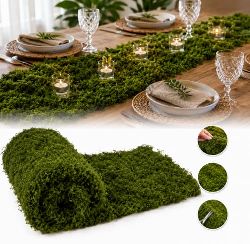 2 Pack Fake Moss Table Runner, Soft Faux Moss Table Runner for Table Decor, Dark Green Artificial Moss Mat Roll for Fairy Garden, Woodland Party, Wedding Centerpieces, DIY Crafts and Home Decoration - color: Green+green