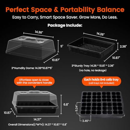 SOLIGT Thick Plastic 3-Set Strong Seed Starter Trays with 5" Humidity Domes | for Seed Starting, Germination, Seedling Propagation & Plant Growing, Holds 144 Cells in Total - size: 3 Set