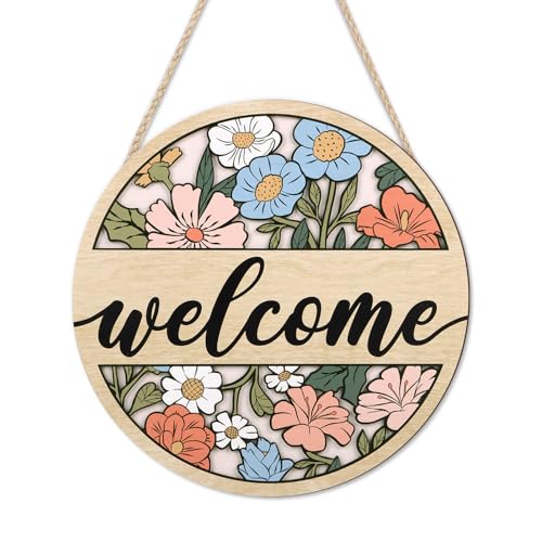 HOURIA 3D Vintage Floral Welcome Front Door Sign(11.4”x11.4”) | Boho Flower Wood Door Wreath Rustic Spring Summer Wall Decor for Porch Home Classroom - color: Welcome Front Door Sign