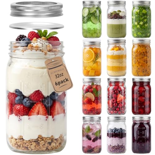 CycleMore Wide Mouth Mason Jars 32 oz, 12 Pack Quart Jar with Split Lids | Clear Body, BPA Free, Reusable, Dishawasher Safe,1 Quart Canning Jars for Pickling, Fermenting, Food Storage & DIY Projects - size: 32oz - 12 Pack