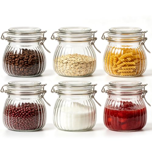 ComSaf Ribbed Glass Jars with Airtight Lids 17oz 6 Pack Wide Mouth Pickling | BPA-free food-grade glass, ribbed vintage texture, wide-mouth pickling, overnight oats, garnish & small jars - size: 17oz*6-Ribbed