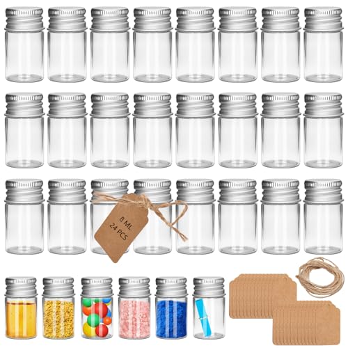 24Pcs 8ML 0.84"X1.6" Small Glass Mini Jars with Metal Lids Message Bottle Terrarium Jar Tiny Wishing Bottles miniature Sand Art Bottles Sample for DIY Crafts (24, 8ML) - size: 8ML