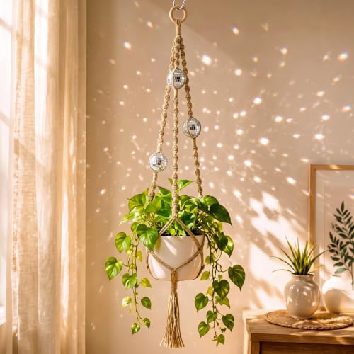 Shappy Boho Macrame Plant Hanger, Large Hanging Planter Plant Holder Pot Hanger Hanging Basket Wall Planters, Plants Lover Gift for Indoor Garden (Disco Ball, Jute Color) - color: Jute Color, size: Style F
