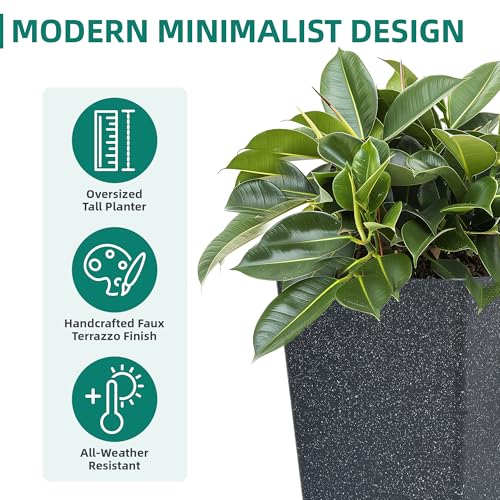 Autodaya 28" Oversized Black Terrazzo-Look PP Tall Planters Set of 2 - color: Faux Black Terrazzo-28"h