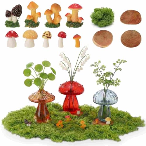 Sliner 3 Pcs Wedding Mushroom Glass Vase Gift for Indoor Plants Colored Propagation Stations 9 Mini Resin Mushrooms Fake Green Moss 3 Wooden Bases for DIY Craft Fairy Garden Landscape Decorations