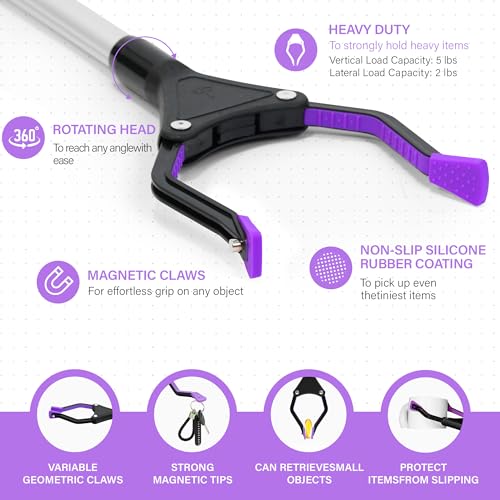 Upgrade 2-Pack Foldable 32" Grabber Reacher Tool, Lightweight Reacher Grabber Pickup Tool with 360° Rotating Jaw & Magnet, Reaching Tool for Trash Pick Up Stick, Litter Picker, Arm Extension (Purple) - color: Purple (Pack of 2)