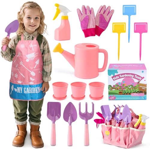 JOI MEW Gardening Tool Set for Kids with Metal Tools and Watering Can - color: Pink