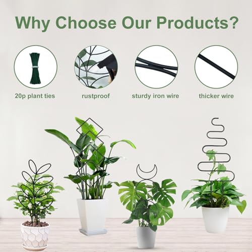 23in Plant Trellis for Climbing Plants Indoor, 4 Shapes | Trellis for Potted Plants with Ties, Metal Climbing Plant Support for Houseplant Flower Pothos, 4 Different Panels