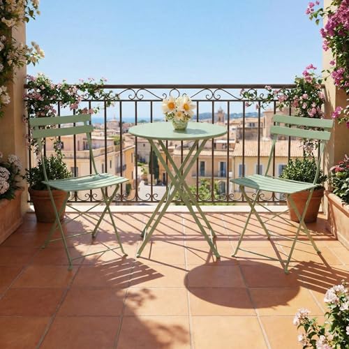 GarveeLife Outdoor Metal Bistro Set, 3-Piece Patio Furniture Set with 2 Chairs and 1 Table, Flat Steel Frame Patio Dining Set for Garden, Balcony, Porch & Backyard,Green