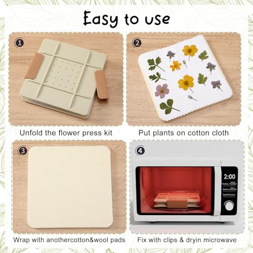 Lasnten 5 Inch Microwave Flower Press Kit Mini Plant Press for Kids and Adults Quick Pressing with Washable Cloth, Vibrant Color Retention for Crafts Pressed Flowers, DIY