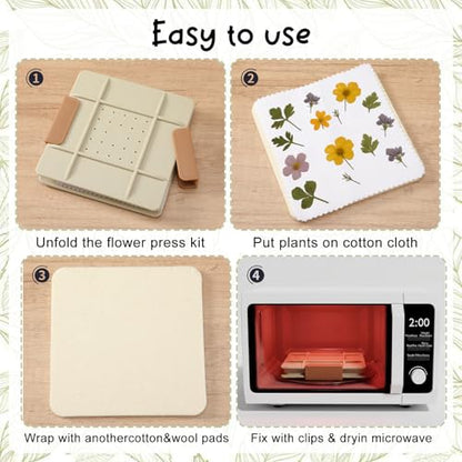 Lasnten 5 Inch Microwave Flower Press Kit Mini Plant Press for Kids and Adults Quick Pressing with Washable Cloth, Vibrant Color Retention for Crafts Pressed Flowers, DIY