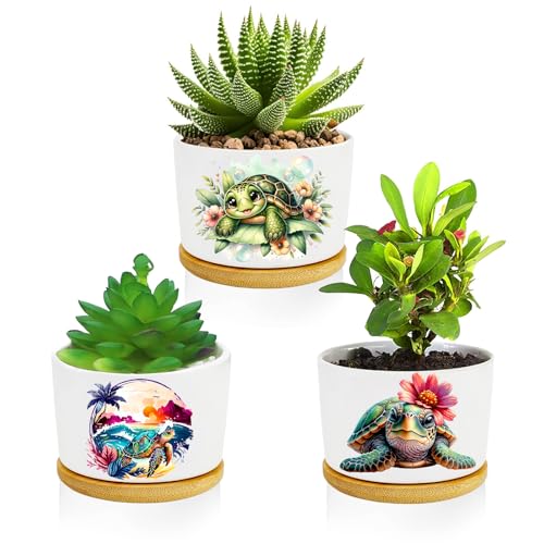 3Pcs Turtle Succulent Pots with Drainage and Bamboo Tray,Ceramic Pot 3 Inch - style: Turtle