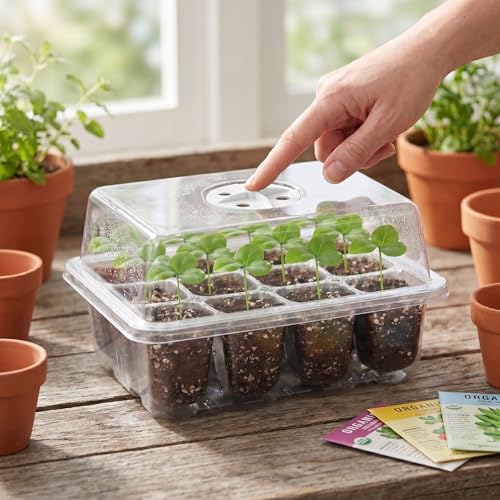 3-Pack Seed Starter Trays, Seed Starter Kit with Adjustable Humidity Dome and Base Indoor Greenhouse Mini Propagator for Seeds Growing Starting (12 Cells Per Tray, Clear)