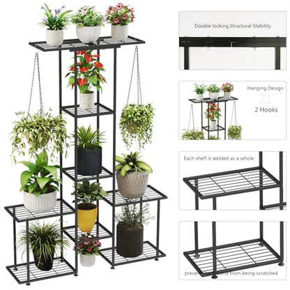 Plant Stand Indoor Outdoor, Metal 6 Tier Tall Hanging Plant Shelf for Multiple Flower Planter Large Heavy Duty Ladder Plant Holder for Garden, Black (y-201) - size: y-201