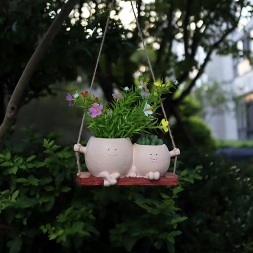 Dolkgy Hanging Planter Swinging Face Planters, Unique Head Flower Pots for Indoor Outdoor Plants, Cute Face Vase Funny Fence Wall Planter Succulent Pots - color: Khaki