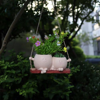 Dolkgy Hanging Planter Swinging Face Planters, Unique Head Flower Pots for Indoor Outdoor Plants, Cute Face Vase Funny Fence Wall Planter Succulent Pots - color: Khaki