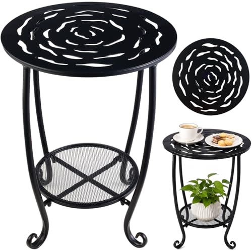 2-Tier Metal Round Side Table Black Accent Coffee Tables Small Space Corner Plant Stand Shelf for Indoor Outdoor Porch Patio Balcony Living Room End Table with Storage, Rust-Proof - color: Black Floral, size: 17.5"H x 13"D - 1 pack