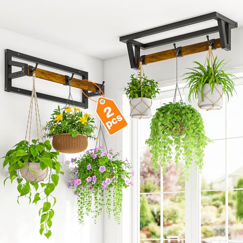LASZOLA Plant Hanger Holder Shelf Indoor Window Wall Mount, 2 Pack Brown | Plant Hanging Rod with 6 Heavy Duty Hanging Hooks, Metal and Wood, for Kitchen Ceiling - color: Black+Brown, size: 2