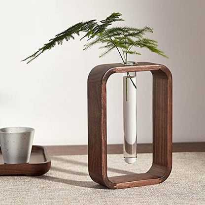 Transprent Glass Vase Test Tube Vase Hydrophilic Plants Vase Plant Holder Walnut Wooden Frame Flower Stand Table Garden Bonsai Decor,Gifts for Women, Home Office Decor Planter (Small) - size: Small
