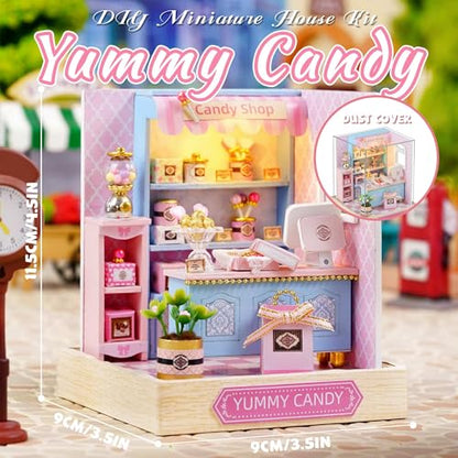 Kisoy Dollhouse Miniature with Furniture Kit, DIY 3D Wooden DIY House Kit with Dust Cover,Handmade Tiny House Toys for Teens Adults Gift (Yummy Candy) - color: Yummy Candy